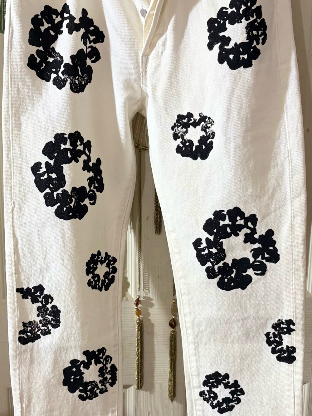 Men's White Straight Jeans with Black Print